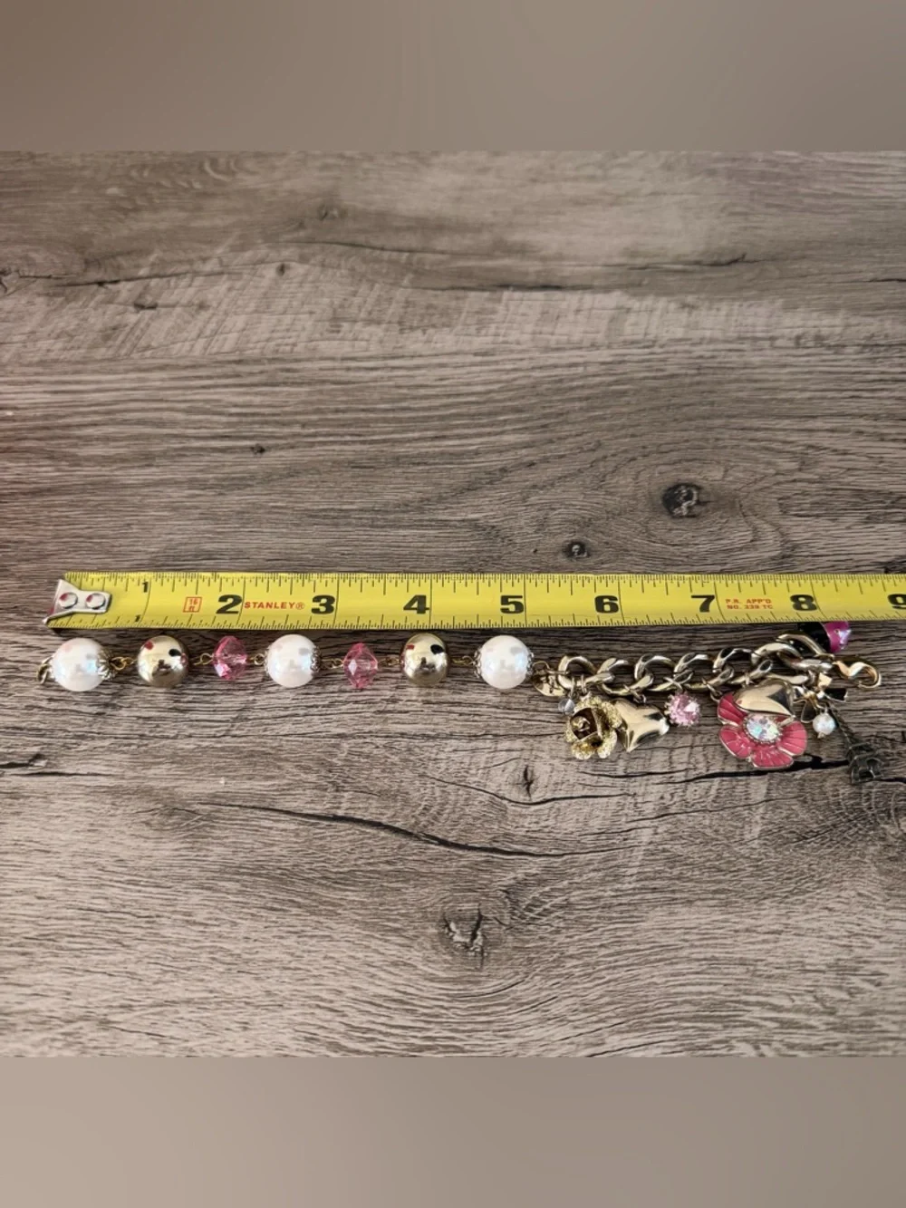 BETSEY JOHNSON Paris Charm Bracelet Pink Lady Bug Rose Heart Gold Enamel Rare